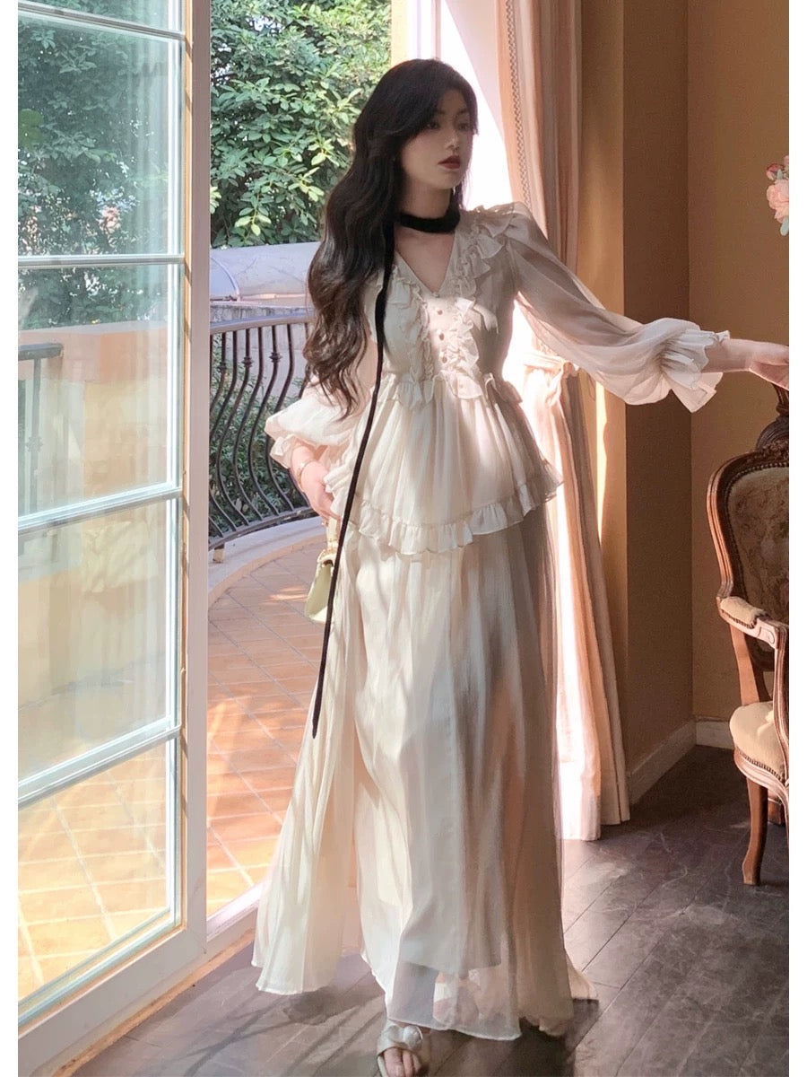 Tang Gongzi, palace-style French white dress, high-end niche, ruffled waist and drapey fairy dress