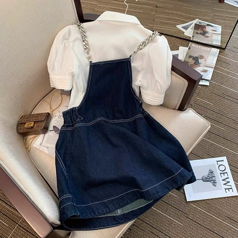 Fashion suit summer style 2023 new design sense niche white shirt + high waist thin suspender skirt two-piece set