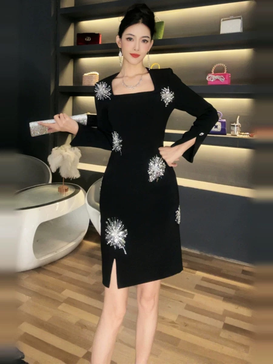 European spring women's 2024 new autumn and winter inner wear, temperament, waist slimming, Hepburn little black dress, heavy industry dress