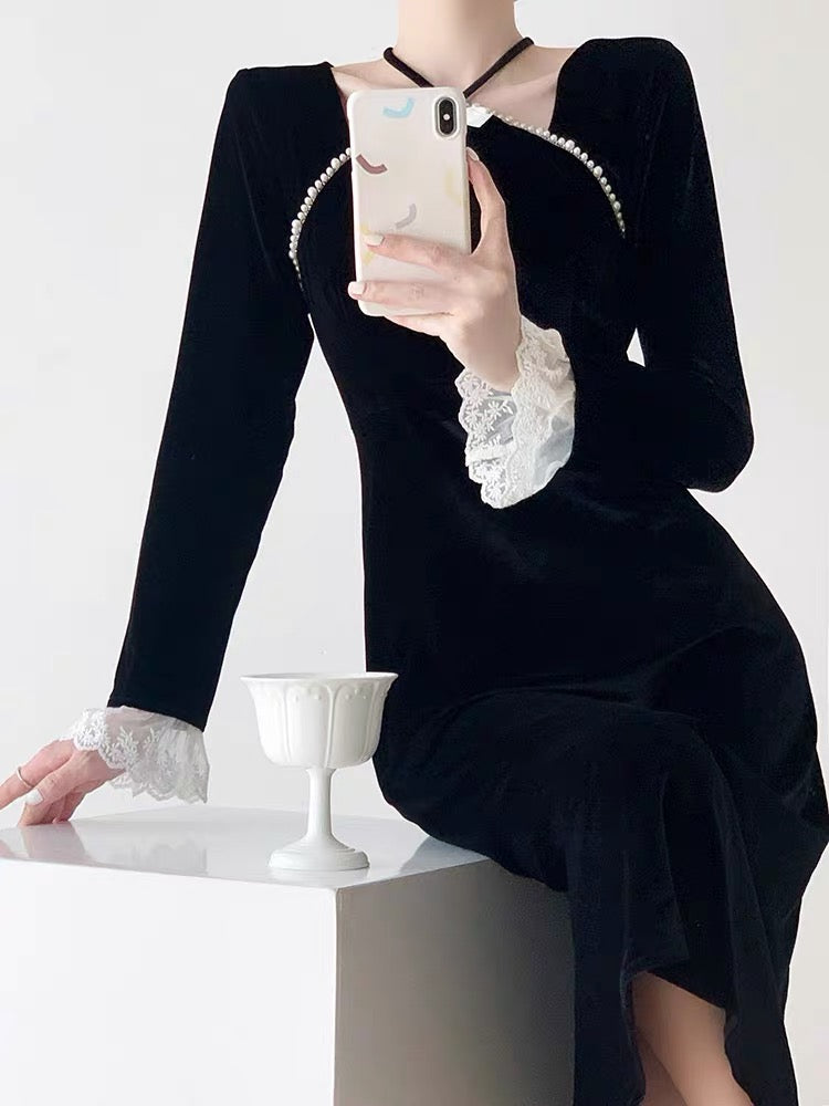 Hepburn style black velvet dress for women autumn new fashion temperament high-end French banquet dress long skirt