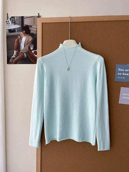 Retro soft and sticky cashmere rolled-edge turtleneck knit sweater for women, autumn and winter, gentle and versatile layering base layer top.
