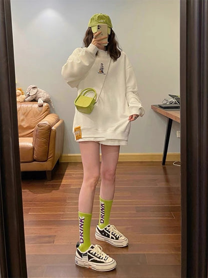 College style gentle beige sweatshirt women's 2023 autumn loose slimming mid-length velvet thickened top