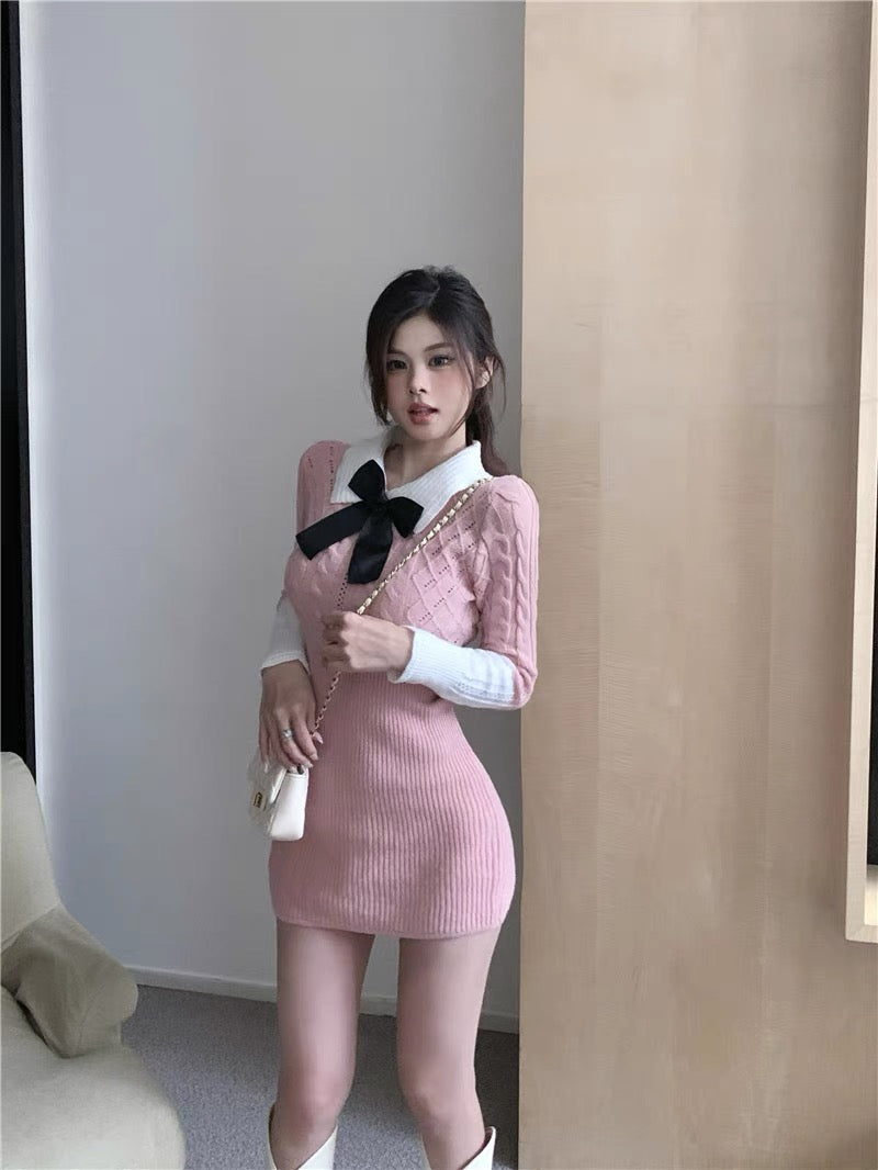 Sweet color-blocked polo collar knitted dress for women, spring style long-sleeved short skirt, high-waisted slim-fitting one-step hip skirt (D0233)