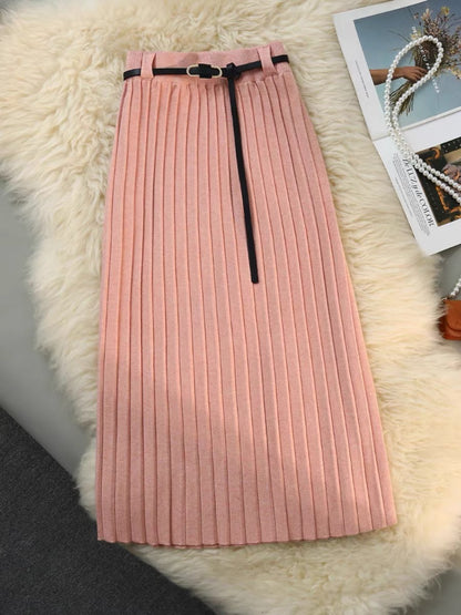 New belt design niche knitted skirt for women autumn and winter slimming pleated mid-length versatile high-waisted A-line skirt
