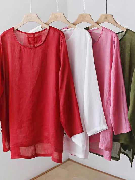 Shirt women's tops ramie round neck long sleeves slit button loose large version front short back long linen small shirt 3SP10
