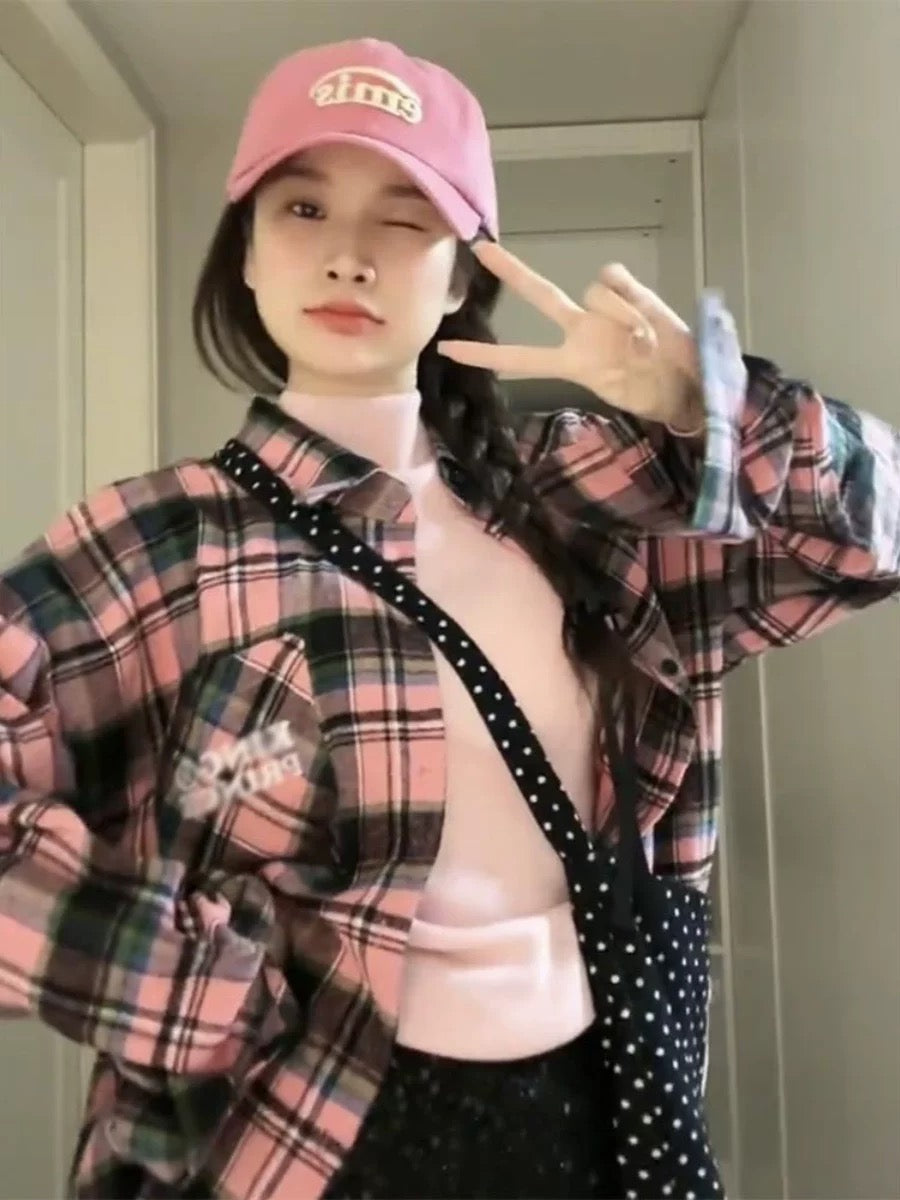 American retro Vibe style long-sleeved plaid shirt for women in spring and autumn, niche design, sweet and cool high-end shirt jacket