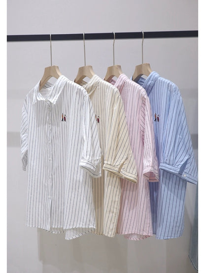 Simple breathable chest embroidery 2024 summer loose slim all-match cotton striped short-sleeved shirt women's shirt