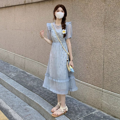 Summer Platycodon First Love Floral Niche Art Dress Gentle Date Wear Matching Nipple Long Skirt Two-piece Suit