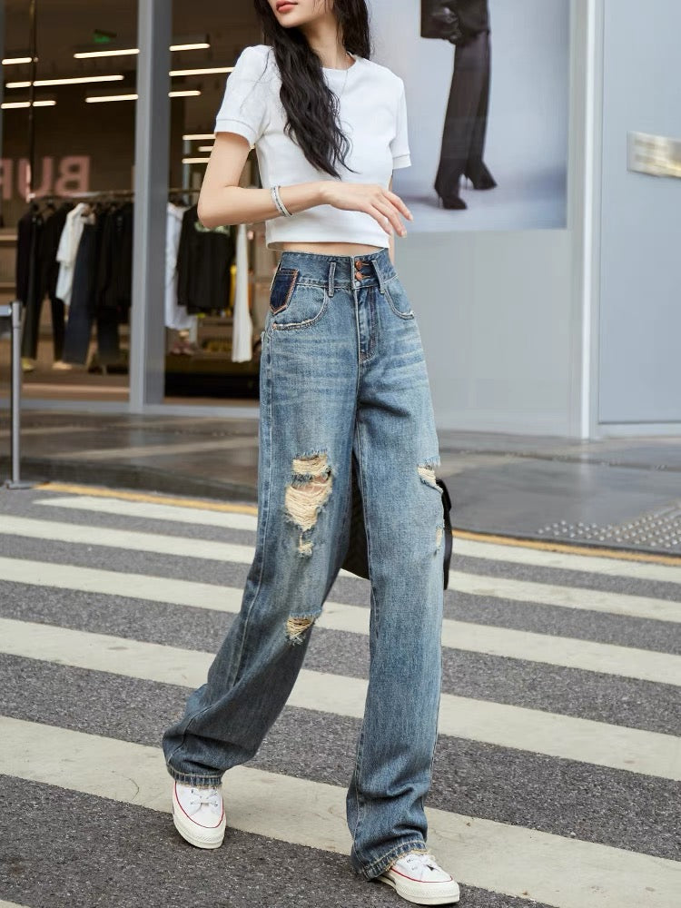 High-waisted contrasting color straight-leg ripped jeans for women, loose wide-legged 2023 autumn new style hip-lifting drapey floor-length pants (P138)