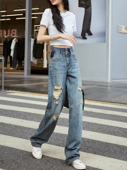 High-waisted contrasting color straight-leg ripped jeans for women, loose wide-legged 2023 autumn new style hip-lifting drapey floor-length pants (P138)