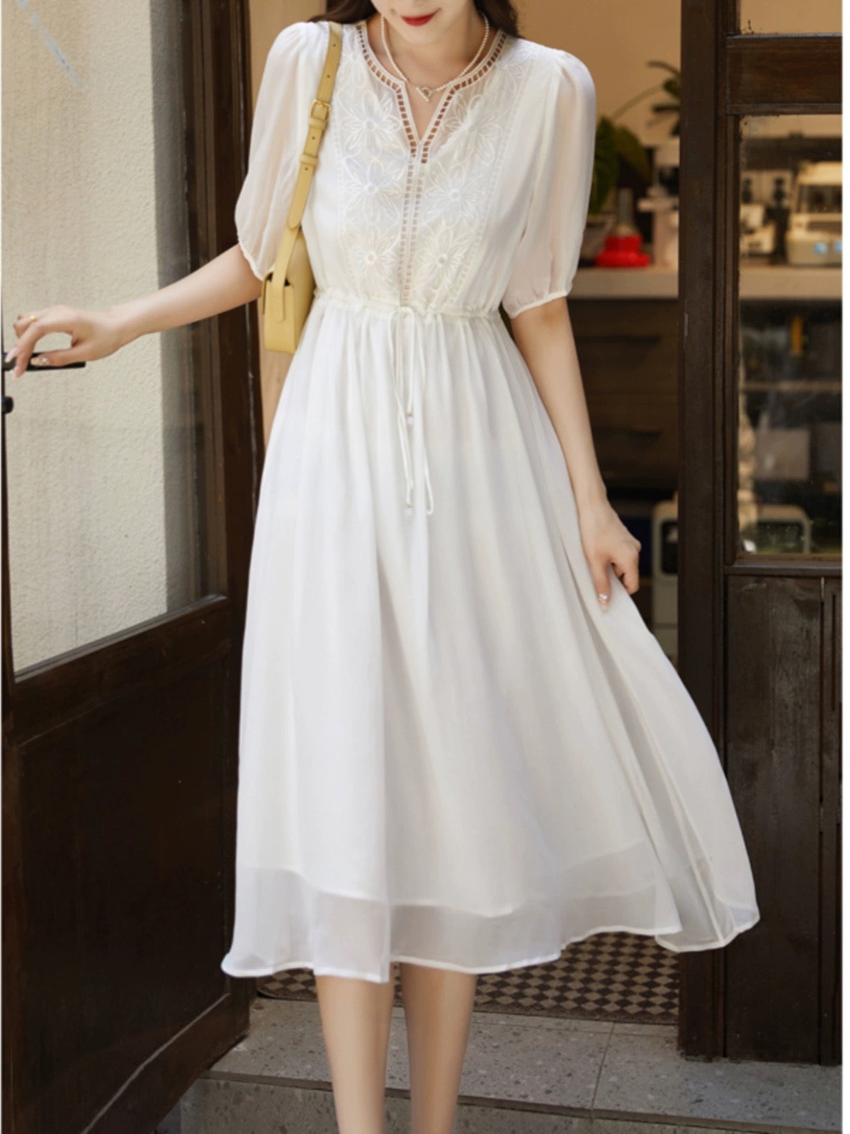 White embroidery elegant high-end mulberry silk silk georgette dress luxury temperament new style western-style skirt female