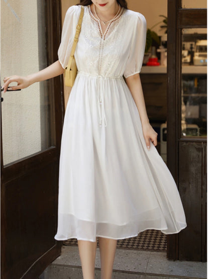 White embroidery elegant high-end mulberry silk silk georgette dress luxury temperament new style western-style skirt female