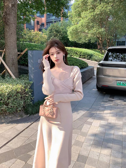 ByYou autumn and winter fairy mesh splicing pink knitted dress mid-length waist slimming skirt