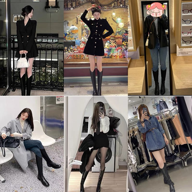 2023 autumn and winter new hot style tall slim flat black boots versatile tall stockings knight boots plus velvet