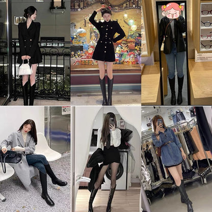 2023 autumn and winter new hot style tall slim flat black boots versatile tall stockings knight boots plus velvet