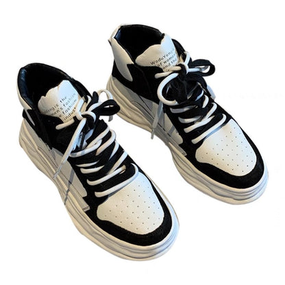 High-top casual shoes women's ins2023 new color-blocking lace-up leather thick-soled sneakers women's shoes heightening melting shoes (G013)