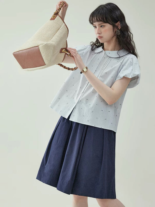 [Beidao AMUU Original] Women's Sweet Floral Cotton Shirt – Summer Puff-Sleeve Top with Peter Pan Collar and Button-Down Front