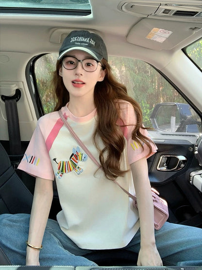 Colorful pony embroidered short-sleeved T-shirt for women 2025 new summer age-reducing design loose American style raglan top