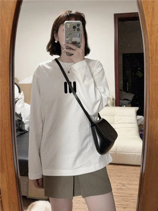100% cotton American retro Hong Kong style chic straight shoulder long-sleeved T-shirt women's loose lazy niche design top