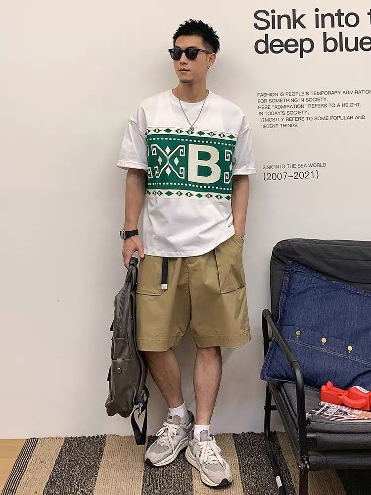Xu Tailang contrast color Fair Isle printed short-sleeved T-shirt men's summer trendy brand plus size men's quarter-sleeved T-shirt top