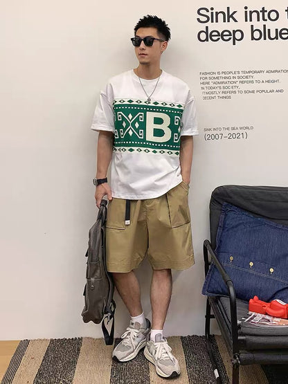 Xu Tailang contrast color Fair Isle printed short-sleeved T-shirt men's summer trendy brand plus size men's quarter-sleeved T-shirt top