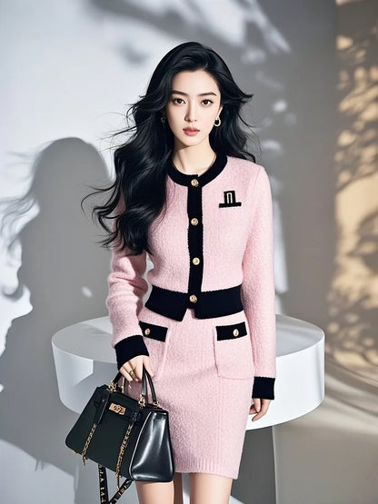 A complete set of autumn outfits for petite girls, with a youthful temperament and a style, pink knitted tops and skirts, professional suits