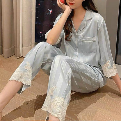 Japanese ins ice silk sexy luxury pajamas for women 2023 spring and autumn silk long-sleeved suit thin home clothes