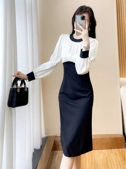Long-sleeved dress for women in autumn 2023 new royal sister style fashionable temperament black and white contrasting color waist slimming hip skirt