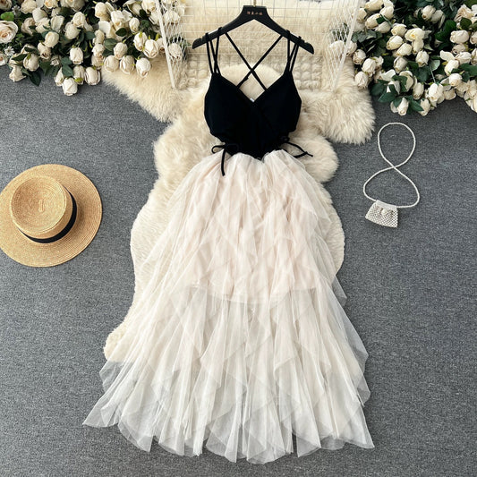 French style slim fit deep v sweet lady high waist long skirt super fairy cake beach skirt splicing suspender dress