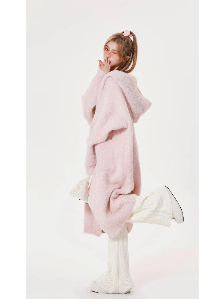 Mo Xinxin pink mink velvet sweater coat for women autumn and winter lazy style loose knitted cardigan long coat