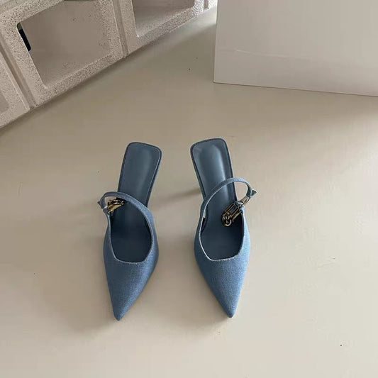 Heartbeat at a glance~!  Pointed Chain Metal Denim Baotou High Heels Fashion Temperament Air Back Sandals Female Autumn