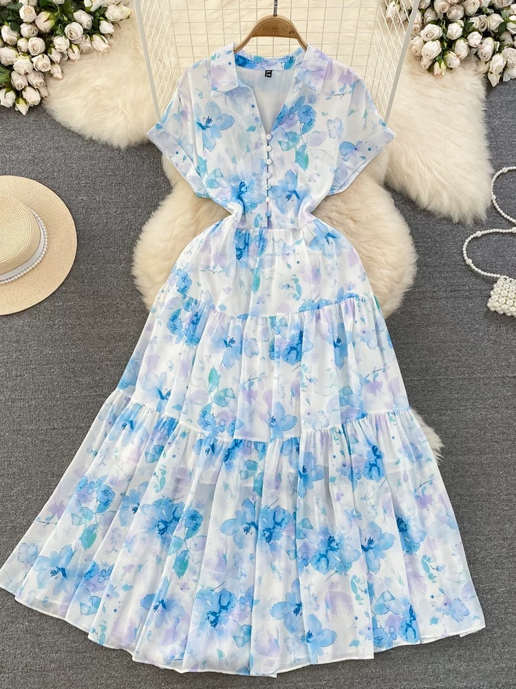 Gentle style floral long skirt French retro temperament short sleeve lapel waist slim a-line floral dress summer