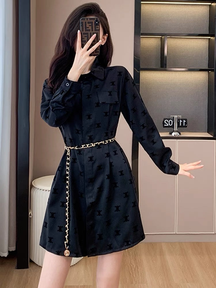 Fashionable and high-end dress 2023 autumn new long-sleeved black printed design mid-length skirt slim fit D5597