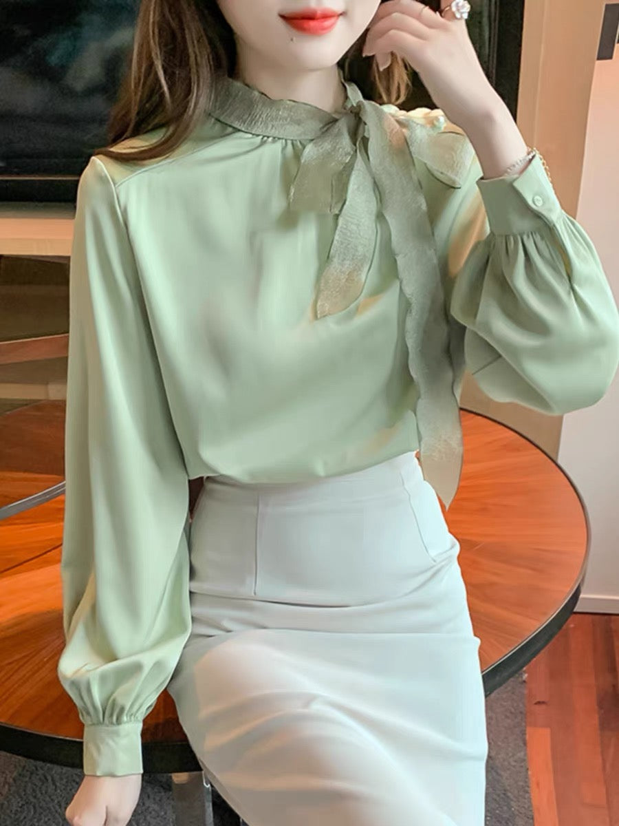 French stand-up collar bow tie shirt, feminine high-end shirt, versatile loose long-sleeved chiffon top for autumn (B2317)