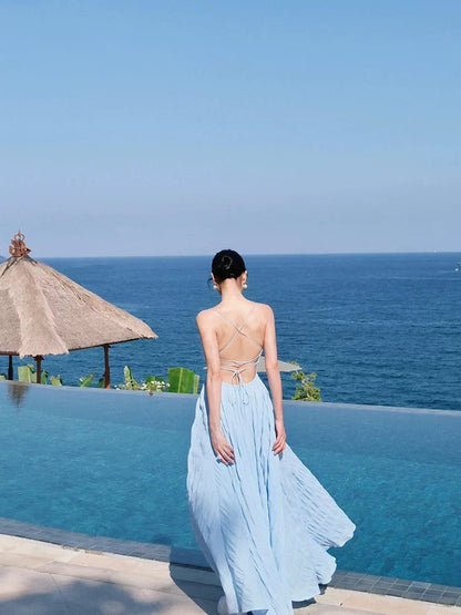 French sexy backless strappy blue suspender dress for women in summer, high-end atmosphere, suitable for seaside vacation long dress