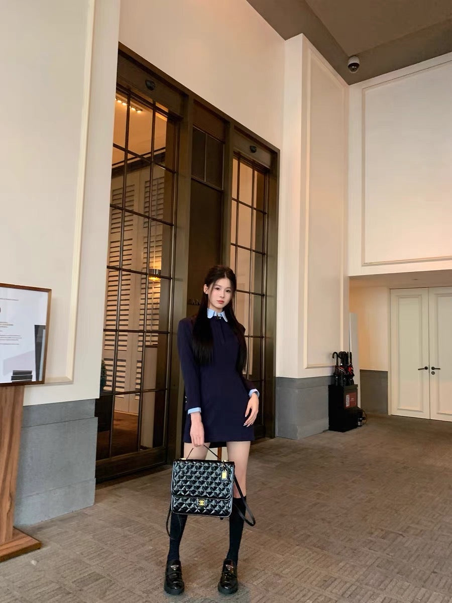 Lienni long-sleeved suit dress female design sense niche waist fake two high-end black skirt autumn