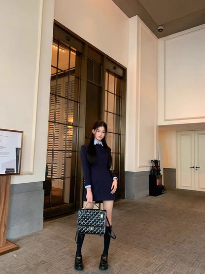 Lienni long-sleeved suit dress female design sense niche waist fake two high-end black skirt autumn