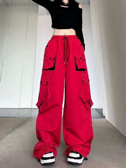 American high street workwear casual pants for women in autumn, loose contrasting color straight trousers with pockets, straight leg leggings, wide leg trousers