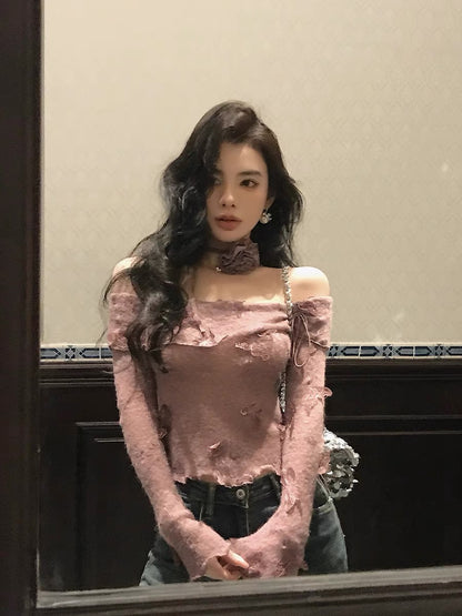 Qiu Rouyao's new autumn lace appliqué top design niche sweet one-line collar butterfly knitted sweater for women (B1913)