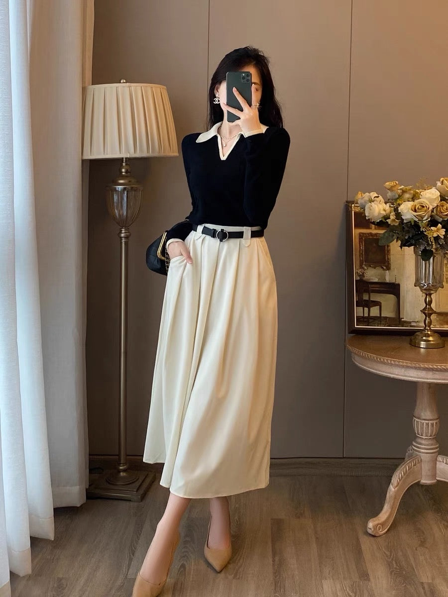 Two-piece suit women's autumn clothes new western style fashionable French retro bottoming velvet dress temperament slim long skirt