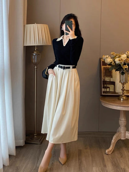 Two-piece suit women's autumn clothes new western style fashionable French retro bottoming velvet dress temperament slim long skirt