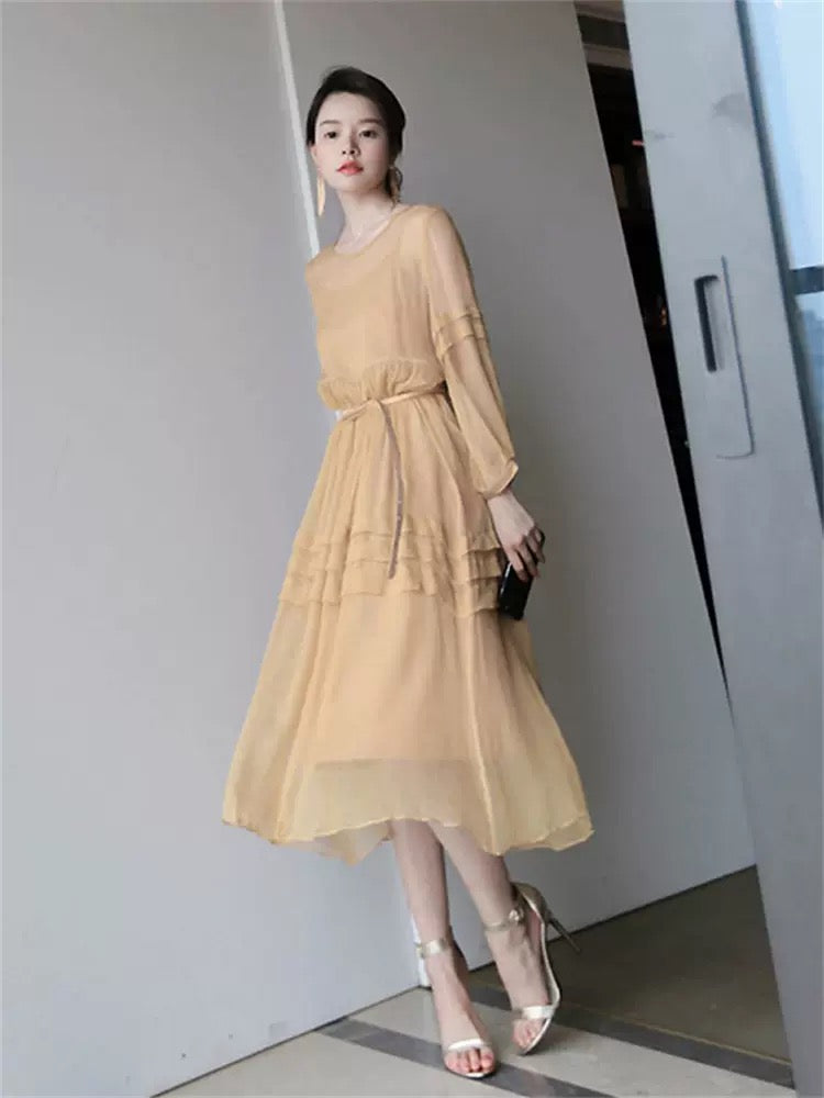 2023 new autumn women's tea break French retro gentle chiffon dress elegant lady mid-length skirt