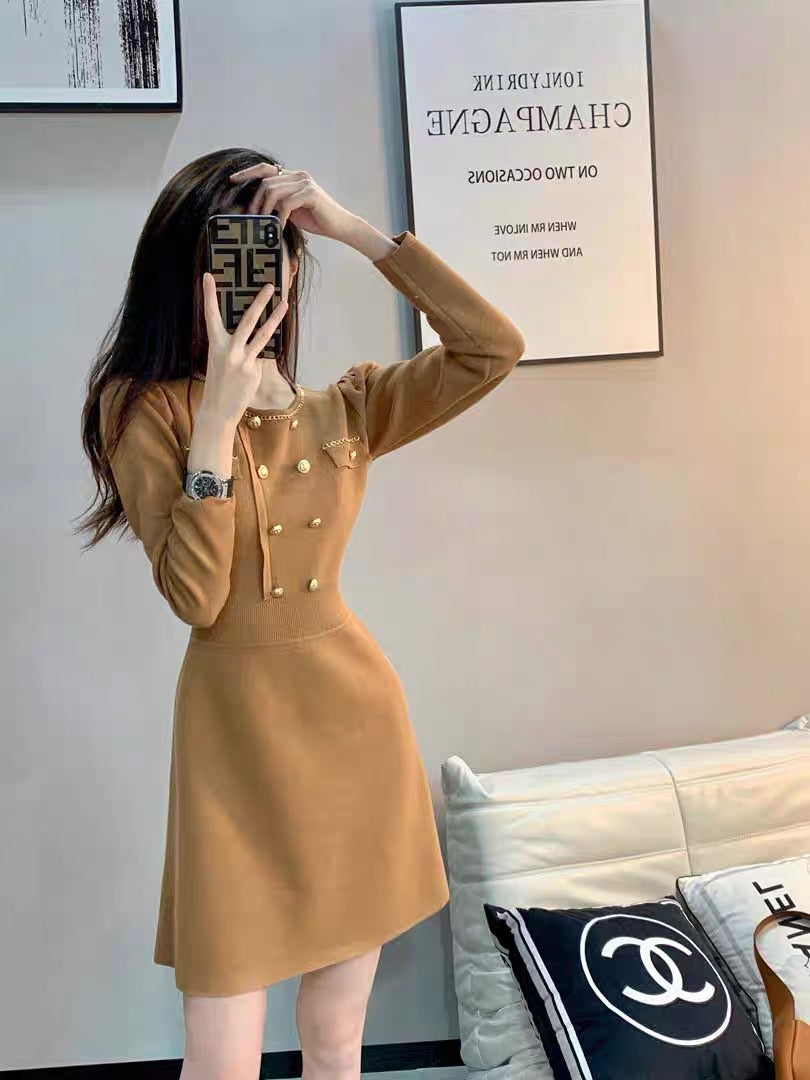 Knitted dress autumn and winter new style for women, gentle, high-end, fashionable, elegant, ladylike, waist-cinching, long-sleeved skirt (B2514)