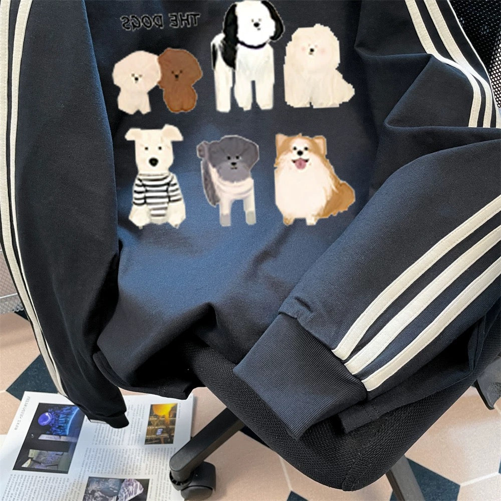 American style super cute dog contrast striped sweatshirt men and women autumn and winter loose lazy style niche couple tops