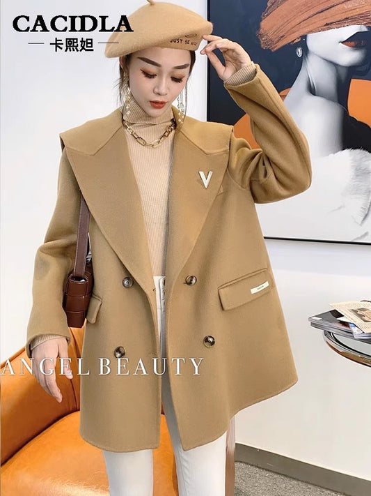 Short double-sided woolen cashmere coat for women 2023 autumn and winter loose Korean style navy collar double-sided woolen coat