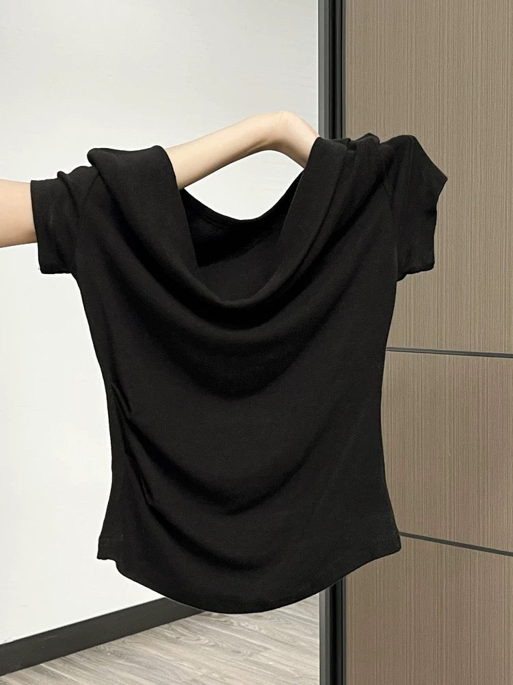 French style one-shoulder short-sleeved T-shirt for women in summer, sweet and spicy niche design, pleated slim waist, beautiful small top