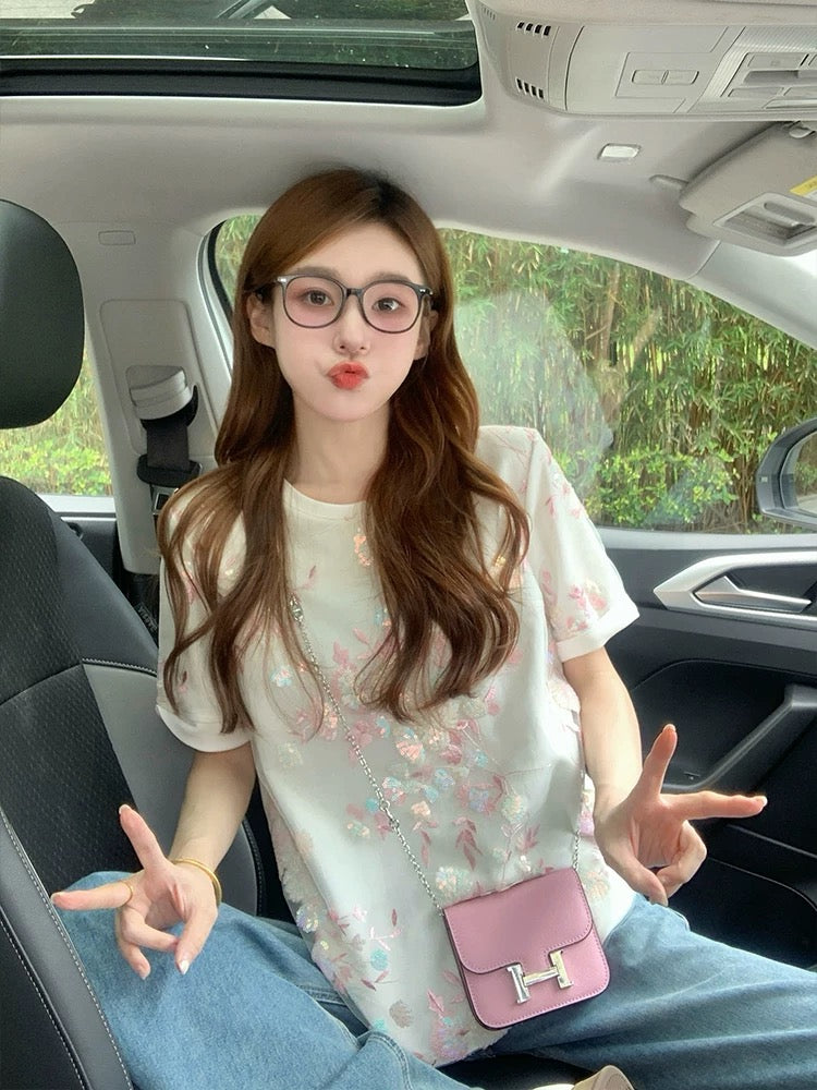 Heavy sequin embroidery short-sleeved T-shirt for women 2025 new summer niche temperament design mesh splicing top