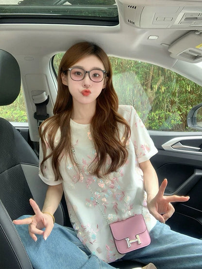 Heavy sequin embroidery short-sleeved T-shirt for women 2025 new summer niche temperament design mesh splicing top