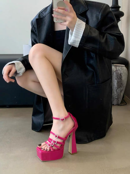 Waterproof elegant lady super high heel sandals for women 2023 one-word buckle with rhinestone open toe square toe high heels