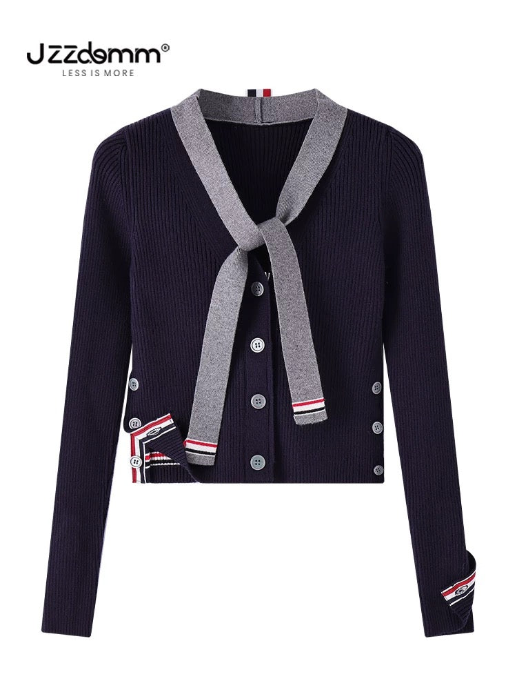 Jiuzhou Chengpin/JZZDEMM lace-up three-color stripes Korean style fashion temperament slim-fitting ribbed V-neck short cardigan for women